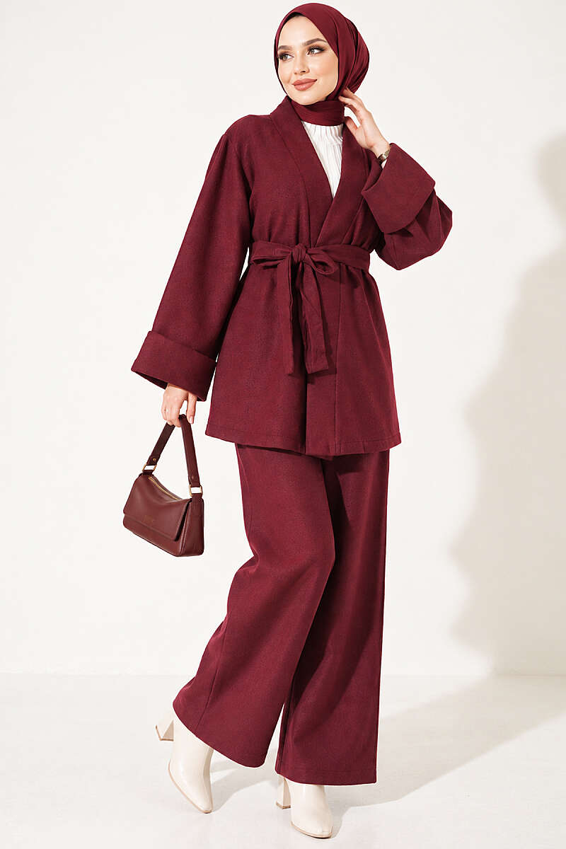 Wide-Sleeve Two-Piece Set with Waist Belt Burgundy - Afbeelding 3