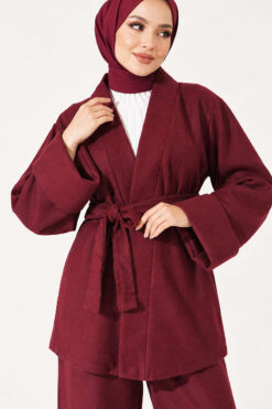 Alternative view of Wide-Sleeve Two-Piece Set with Waist Belt Burgundy