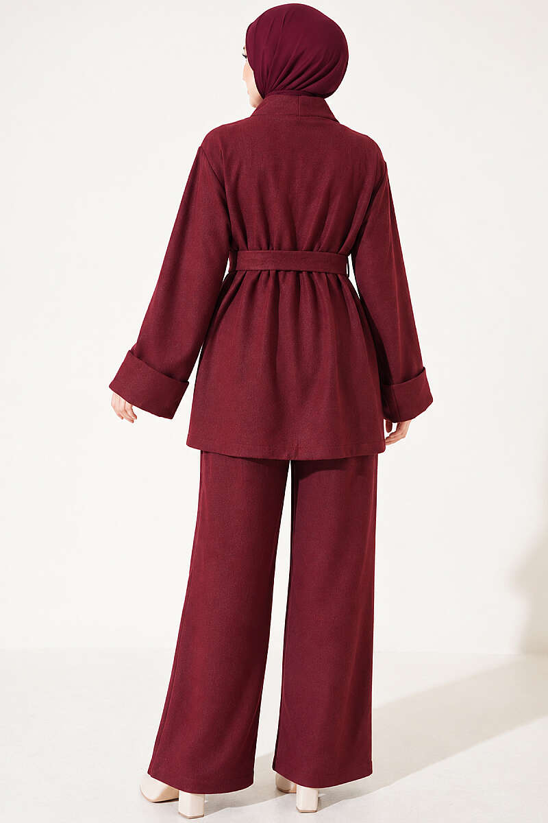 Wide-Sleeve Two-Piece Set with Waist Belt Burgundy - Afbeelding 4
