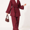 Wide-Sleeve Two-Piece Set with Waist Belt Burgundy