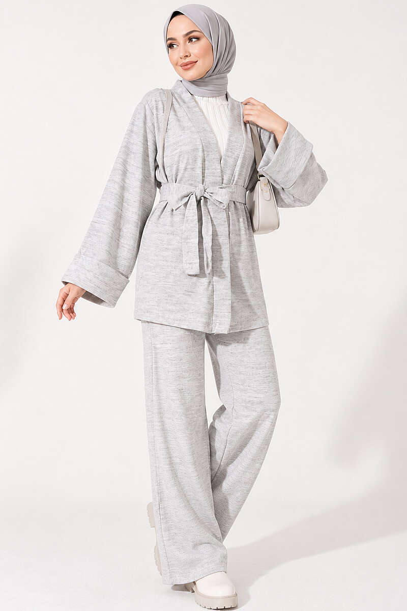 Wide-Sleeve Two-Piece Set with Waist Belt Grey - immagine 3