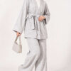 Wide-Sleeve Two-Piece Set with Waist Belt Grey