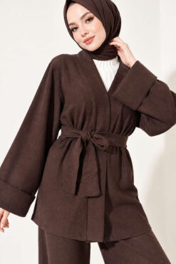 Alternative view of Wide-Sleeve Two-Piece Set with Waist Belt Brown
