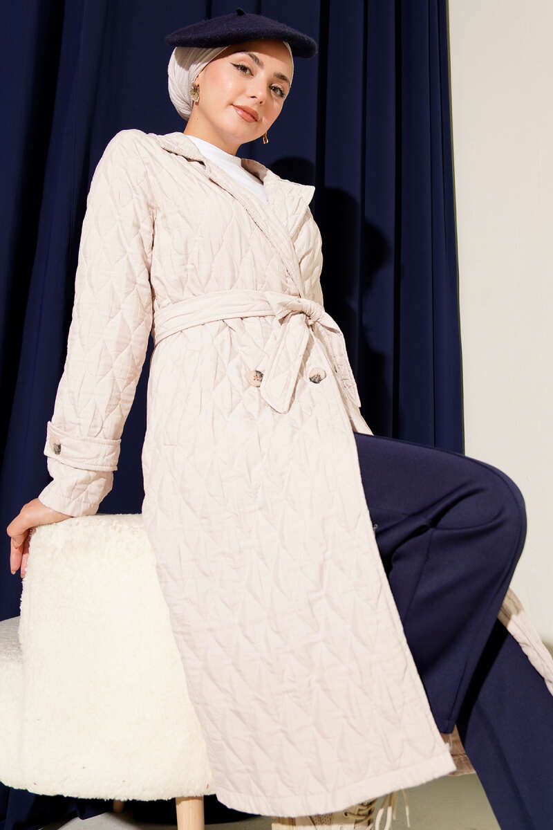 Double-Breasted Coat with Shawl Collar Beige