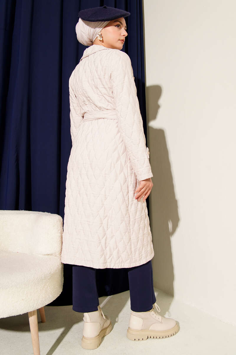Double-Breasted Coat with Shawl Collar Beige - الصورة 3
