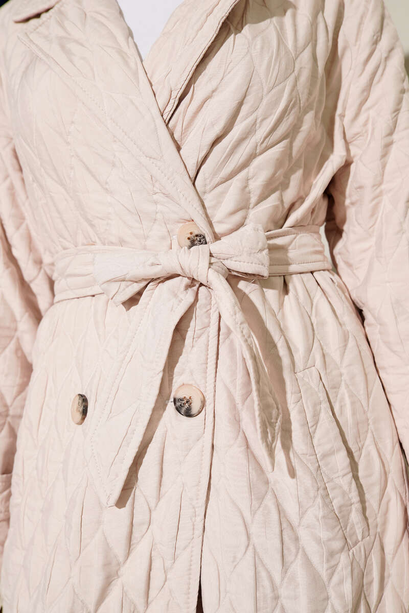 Double-Breasted Coat with Shawl Collar Beige - الصورة 4