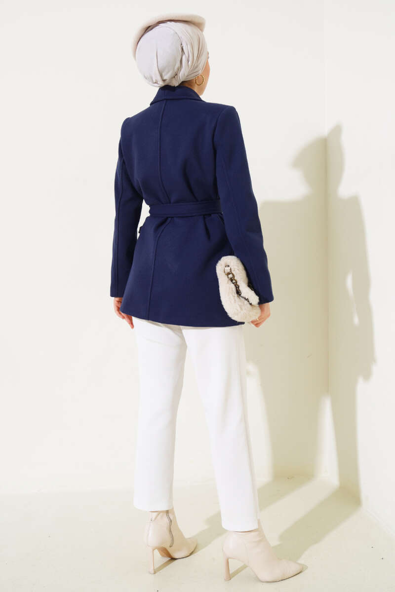 Belted Short Wool Blend Coat Navy Blue – Image 3