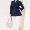 Belted Short Wool Blend Coat Navy Blue – Image 2