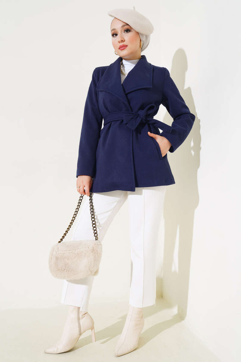 Belted Short Wool Blend Coat Navy Blue – Image 2