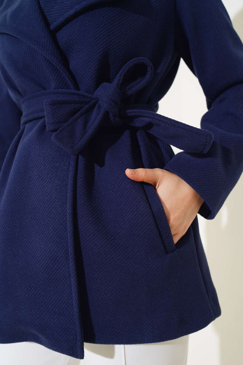 Belted Short Wool Blend Coat Navy Blue – Image 4