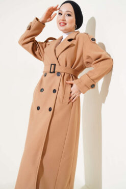 Alternative view of Long Wool-Blend Coat with Belt and Shoulder Epaulets Latte
