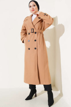 Long Wool-Blend Coat with Belt and Shoulder Epaulets Latte