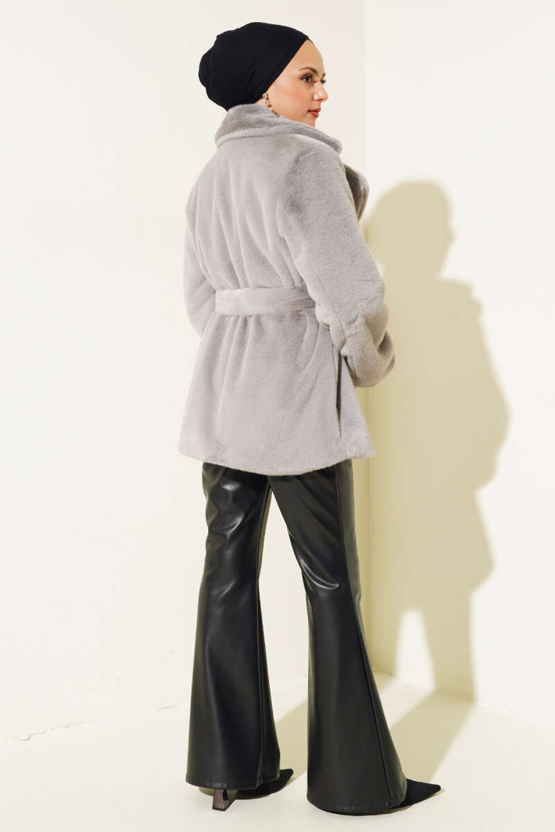 Belted Plush Coat Grey – Bild 3