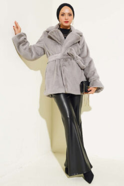 Alternative view of Belted Plush Coat Grey