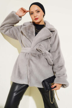 Belted Plush Coat Grey