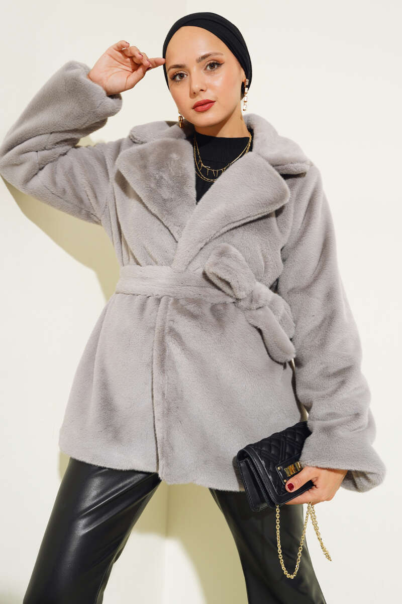 Belted Plush Coat Grey