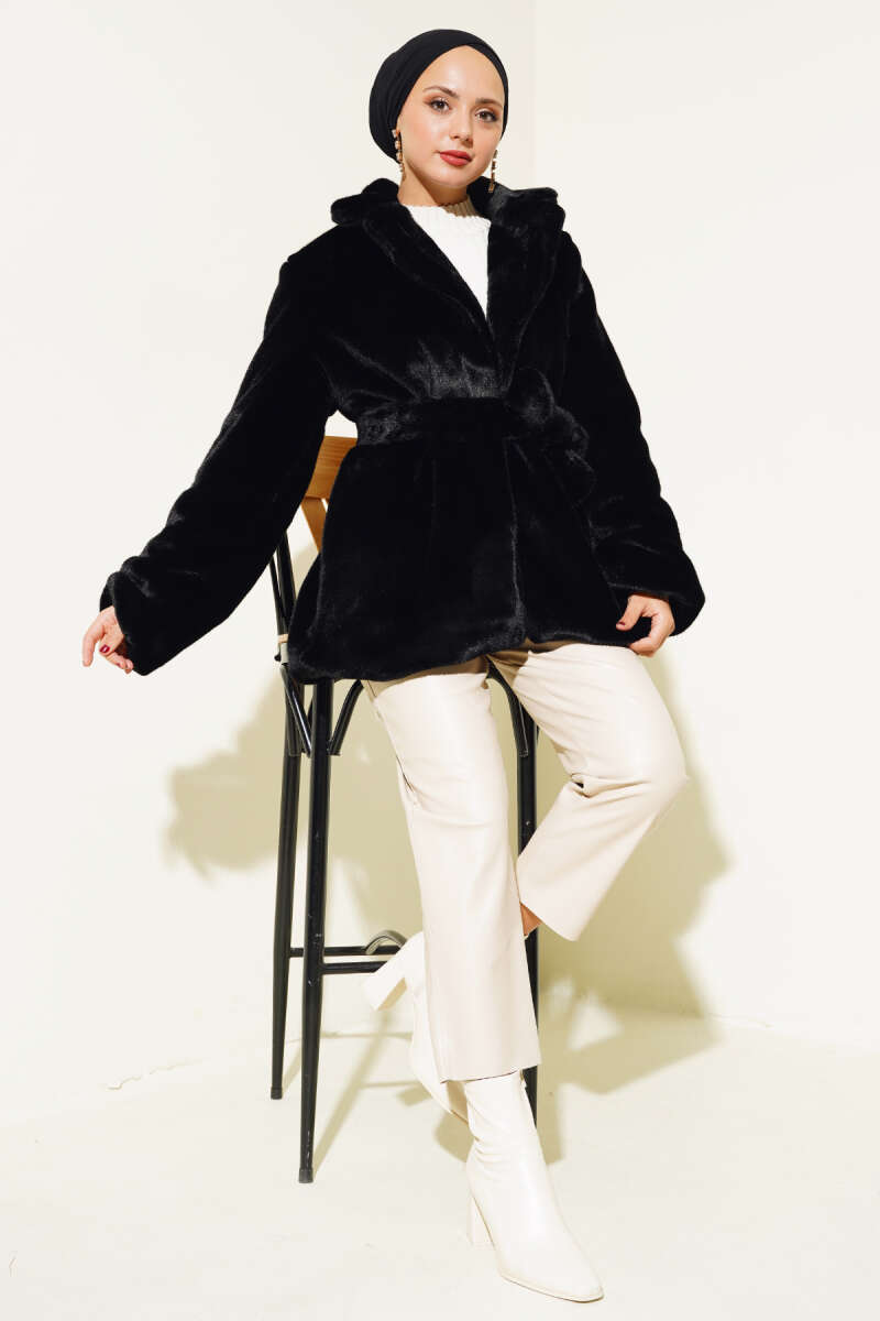 Belted Plush Coat Black - immagine 2