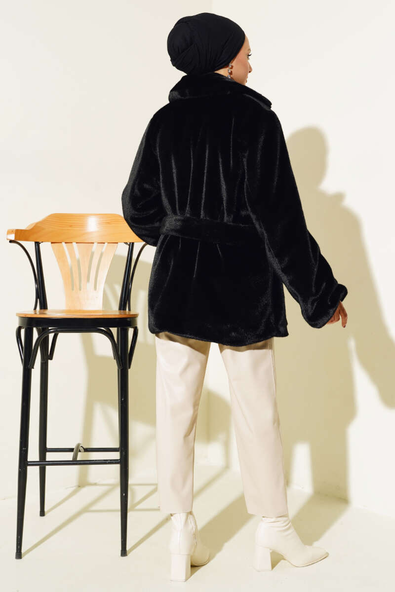 Belted Plush Coat Black - immagine 3