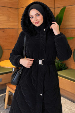 Alternative view of Hooded Quilted Jacket with Elastic Waist Black