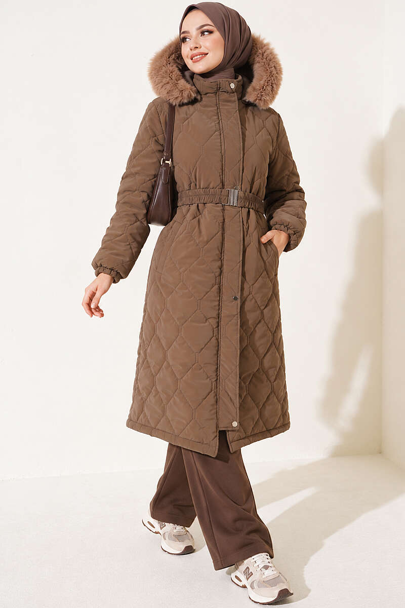 Hooded Quilted Jacket with Elastic Waist Mink