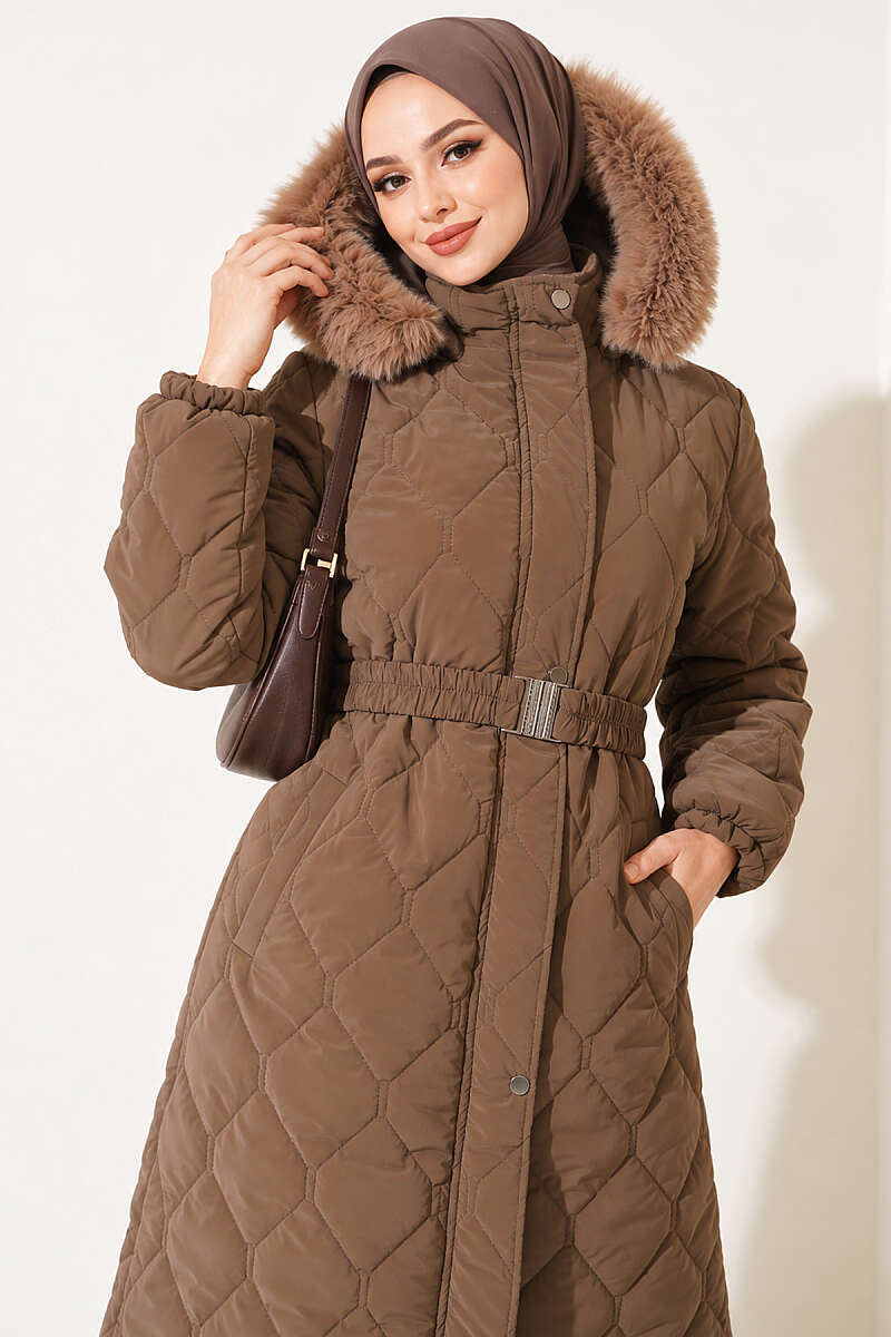 Hooded Quilted Jacket with Elastic Waist Mink - الصورة 2