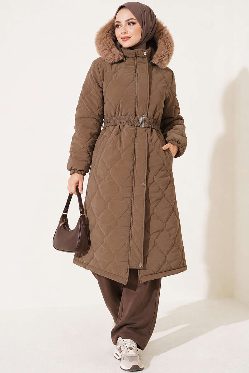 Hooded Quilted Jacket with Elastic Waist Mink - الصورة 3