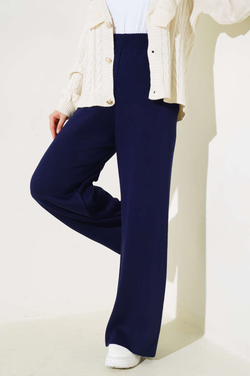 Elastic Waist French Terry Knit Pants Navy Blue – Image 2