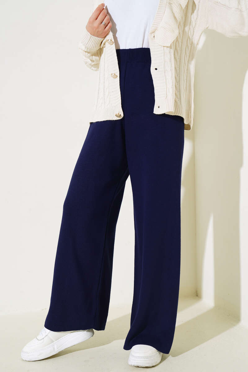 Elastic Waist French Terry Knit Pants Navy Blue