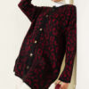 Leopard Print Fleece-Lined Knit Cardigan Burgundy