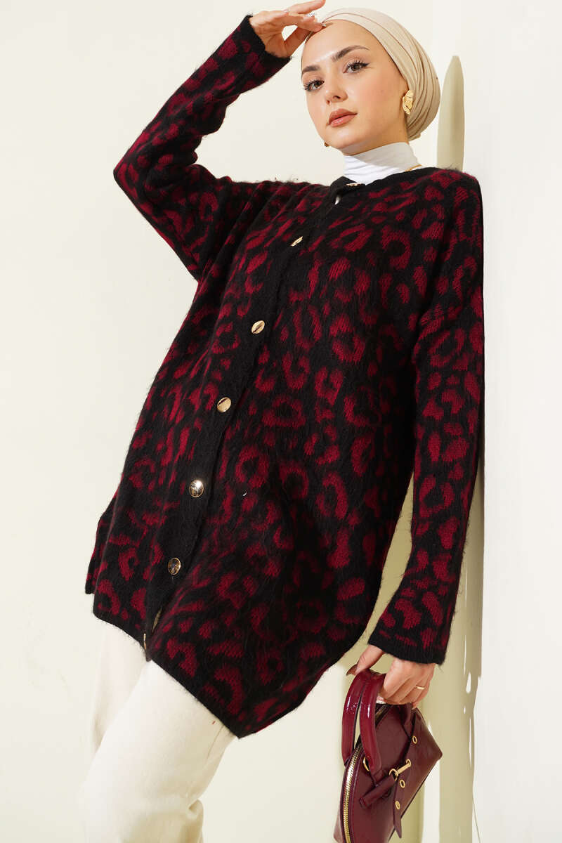 Leopard Print Fleece-Lined Knit Cardigan Burgundy
