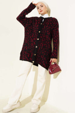 Alternative view of Leopard Print Fleece-Lined Knit Cardigan Burgundy