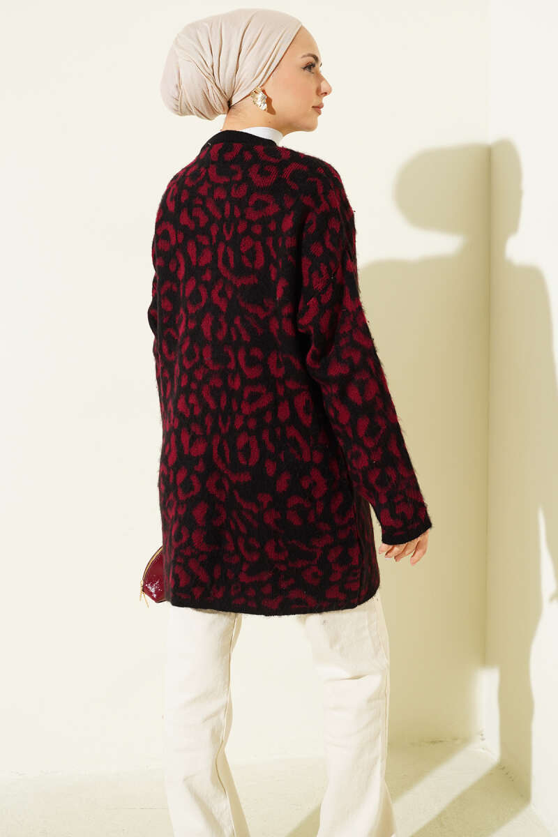 Leopard Print Fleece-Lined Knit Cardigan Burgundy - Imagen 3