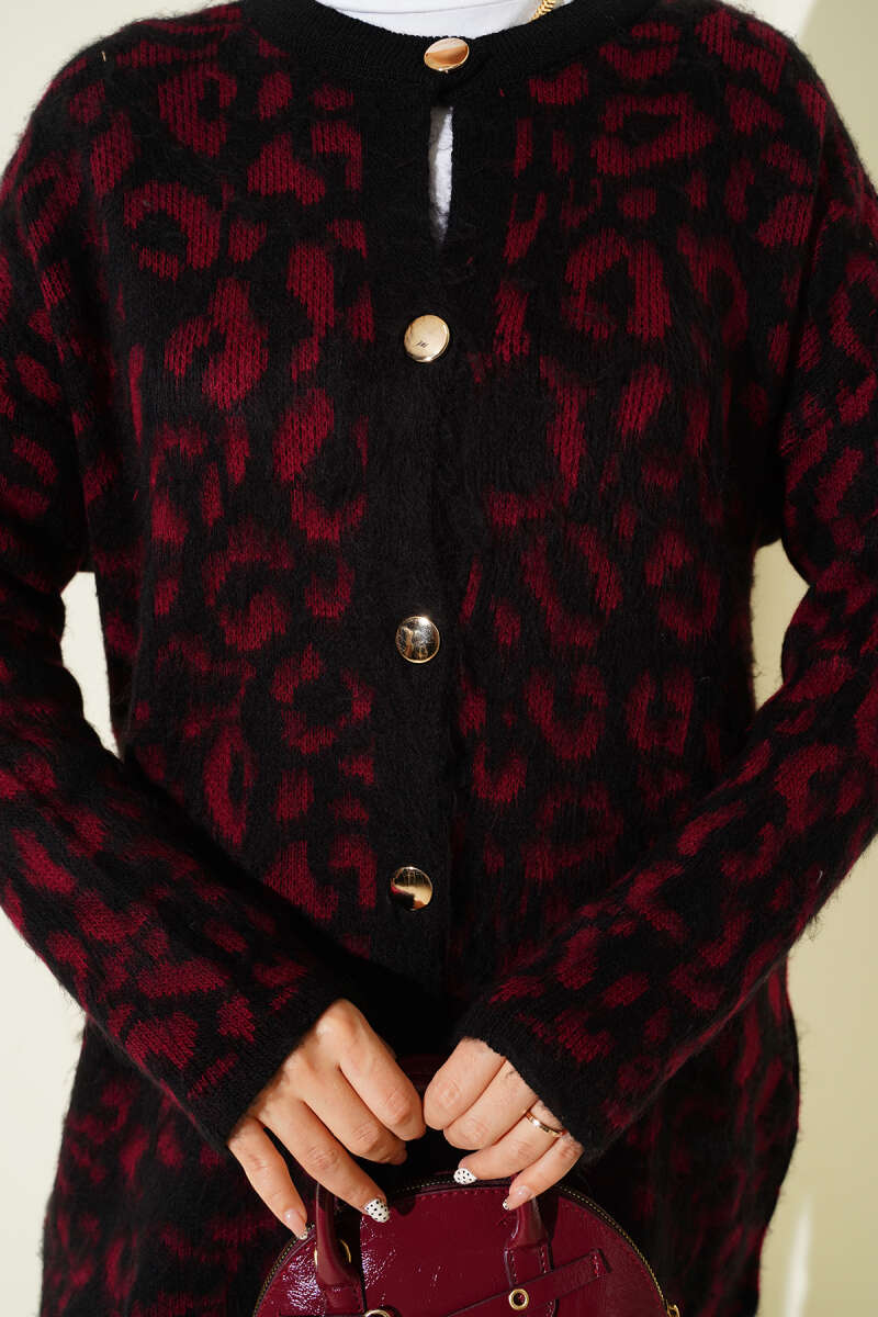 Leopard Print Fleece-Lined Knit Cardigan Burgundy - Imagen 4