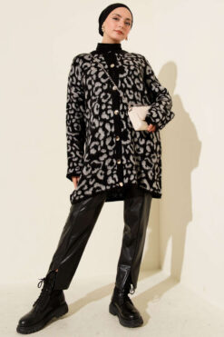 Alternative view of Leopard Print Fleece-Lined Knit Cardigan Grey