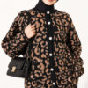 Leopard Print Fleece-Lined Knit Cardigan Latte