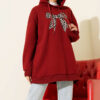 ⁦Leopard Print Ribbon-Patterned French Terry Three-Thread Sweatshirt Burgundy⁩ - الصورة ⁦2⁩