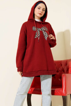 Alternative view of Leopard Print Ribbon-Patterned French Terry Three-Thread Sweatshirt Burgundy