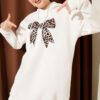 Leopard Print Ribbon-Patterned French Terry Three-Thread Sweatshirt Ecru