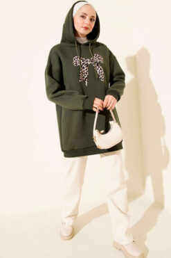 Alternative view of Leopard Print Ribbon-Patterned French Terry Three-Thread Sweatshirt Khaki