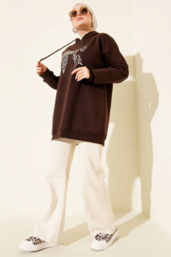 Alternative view of Leopard Print Ribbon-Patterned French Terry Three-Thread Sweatshirt Brown