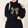 Leopard Print Ribbon-Patterned French Terry Three-Thread Sweatshirt Navy Blue