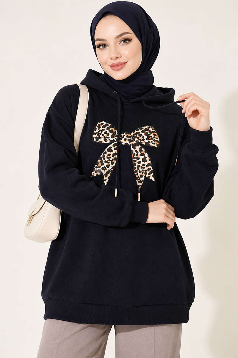Leopard Print Ribbon-Patterned French Terry Three-Thread Sweatshirt Navy Blue