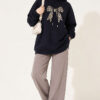 Leopard Print Ribbon-Patterned French Terry Three-Thread Sweatshirt Navy Blue - الصورة 2