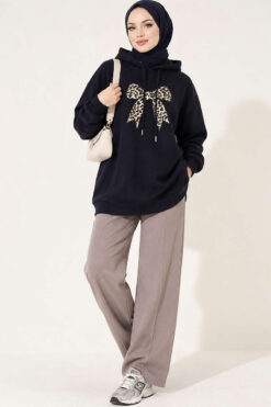 Alternative view of Leopard Print Ribbon-Patterned French Terry Three-Thread Sweatshirt Navy Blue