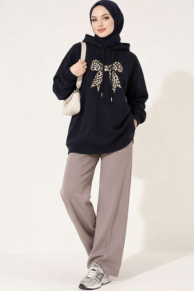 Leopard Print Ribbon-Patterned French Terry Three-Thread Sweatshirt Navy Blue - الصورة 2