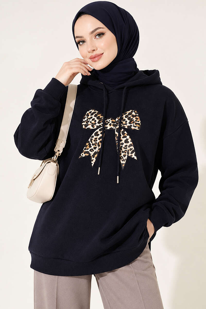 Leopard Print Ribbon-Patterned French Terry Three-Thread Sweatshirt Navy Blue - الصورة 3