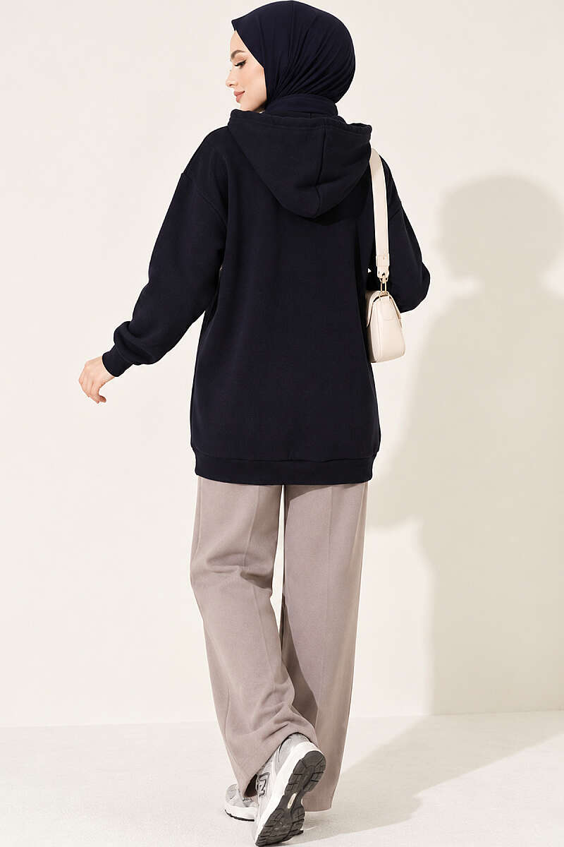 Leopard Print Ribbon-Patterned French Terry Three-Thread Sweatshirt Navy Blue - الصورة 4
