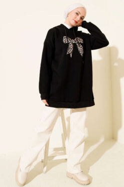 Alternative view of Leopard Print Ribbon-Patterned French Terry Three-Thread Sweatshirt Black