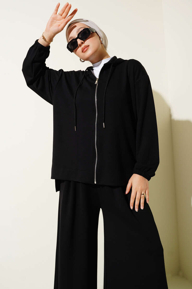 Loyşa Basic Zip-Up Hooded Two-Piece Set Black – Image 2