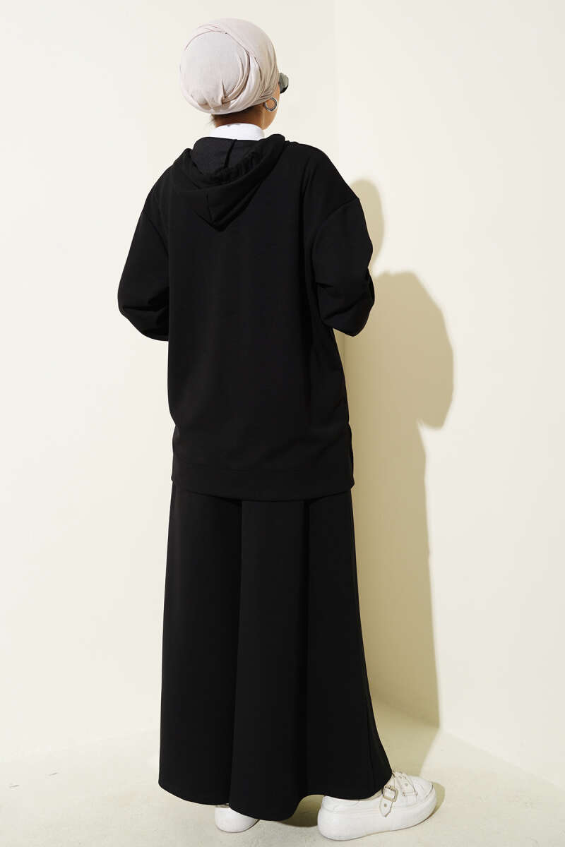 Loyşa Basic Zip-Up Hooded Two-Piece Set Black – Image 3